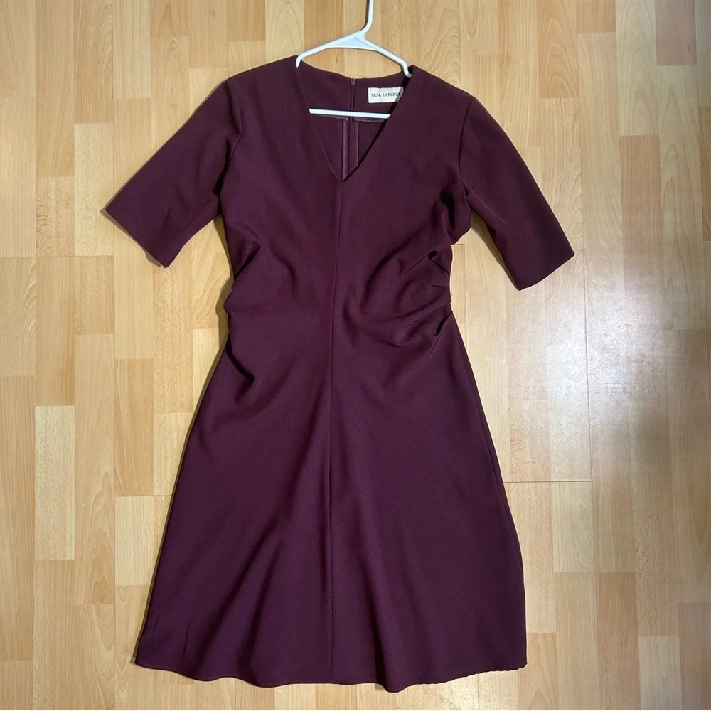 MM Lafleur Burgundy A Line Caroline Midi Dress V-Neck Size 10 Professional - Picture 12 of 14